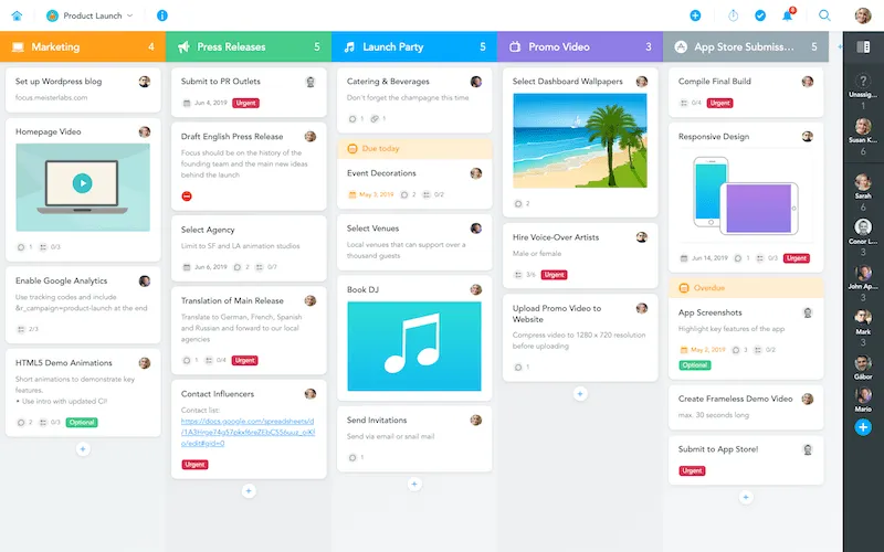 Tablero Kanban de MeisterTask con columnas de tareas por proyecto
