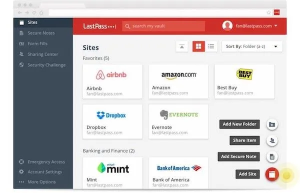 Captura de LastPass con la lista de sitios guardados, como Airbnb, Amazon y Dropbox