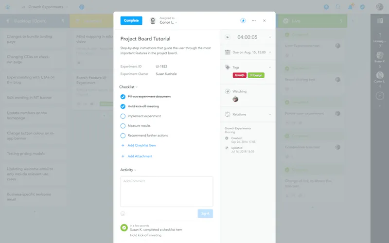 Ficha de una tarea en MeisterTask con lista de comprobación, etiquetas y fecha límite